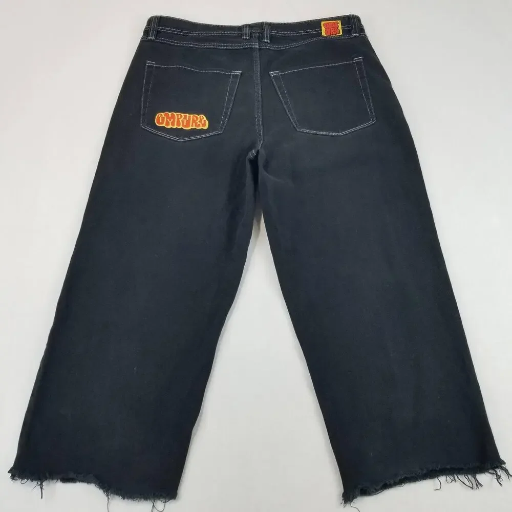 Empyre Jeans Mens 34 Black Relax Wide Leg Baggy Y2K Frayed Denim Skater
